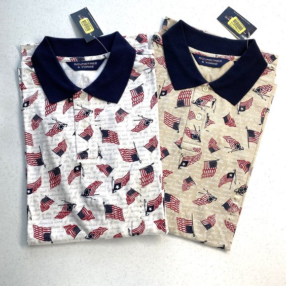 Roundtree & Yorke Men's USA Flag Polo Shirt Size L or XL BEIGE - New With Tag - Picture 1 of 11